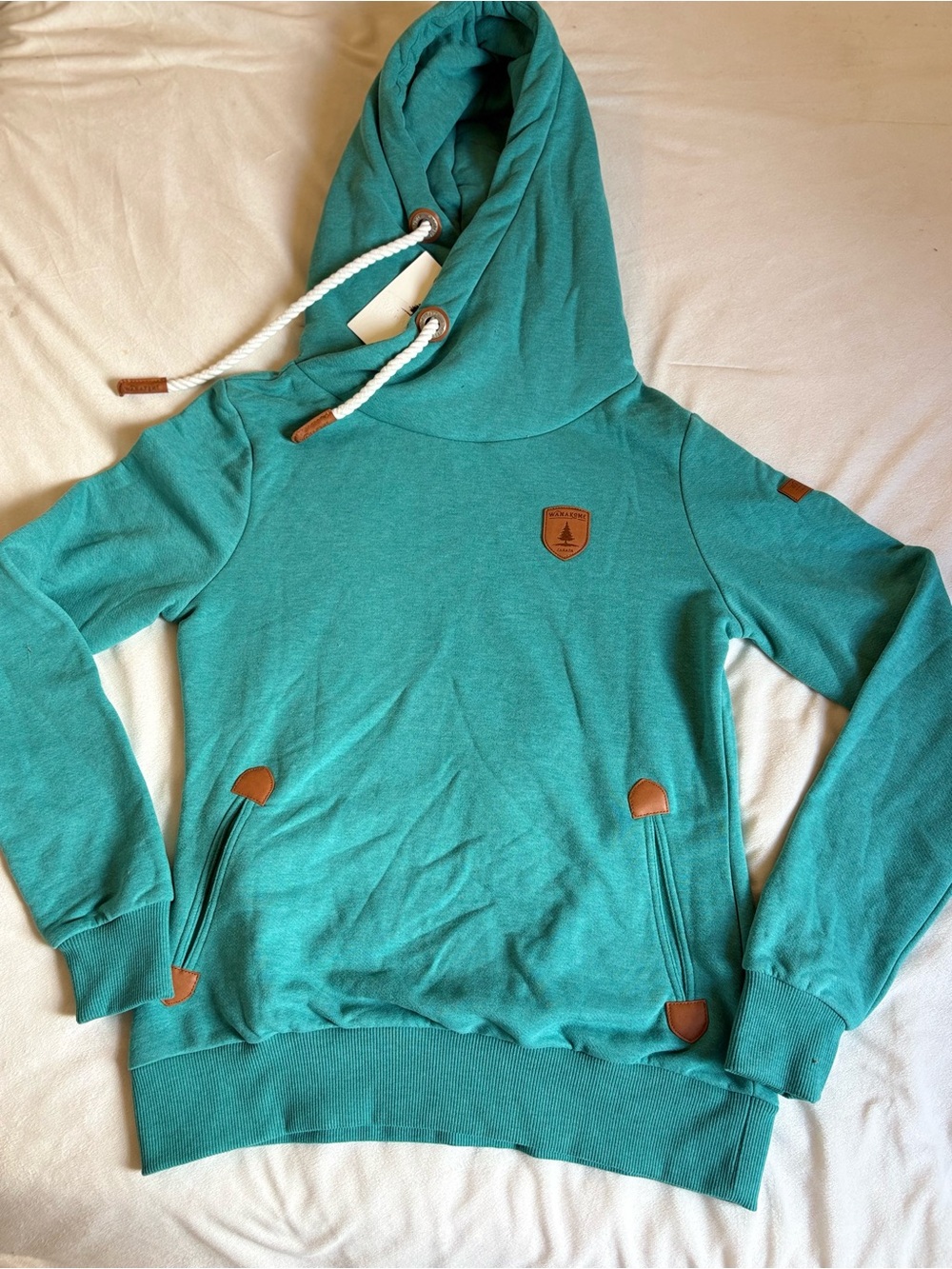 Wanakome Lake Teal Hoodie with White Rope Drawstring